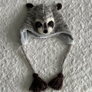 Knitwits handmade raccoon fleece lined knit hat size 2-3 years warm winter cute
